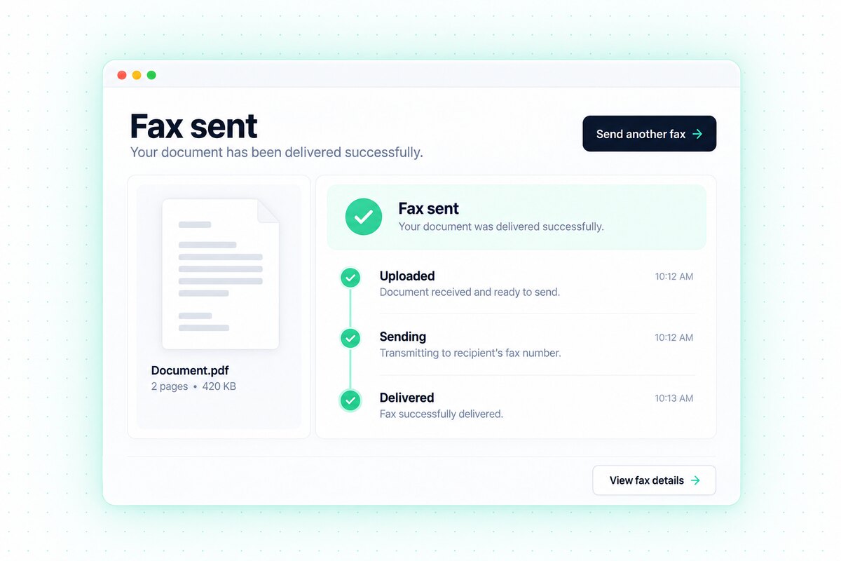 Illustrative fax delivery status screen with a document and progress timeline.