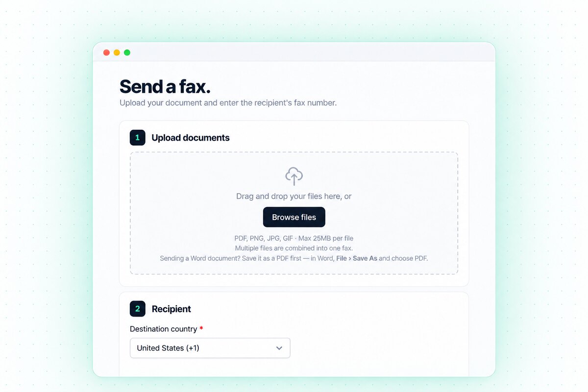 Stylized browser fax form for sending a document without a phone line.