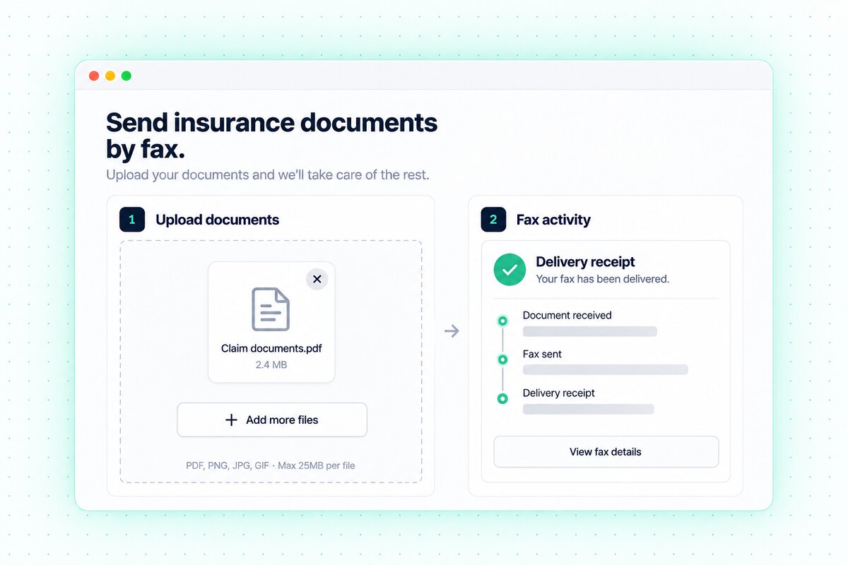 Illustrative insurance document fax upload and delivery activity view.