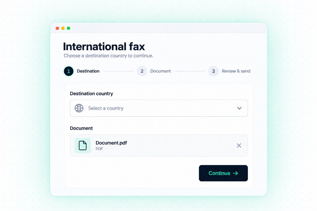 Illustrative international fax form with a destination country selector.