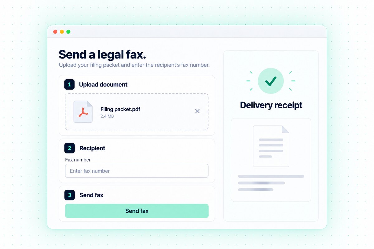 Illustrative legal filing fax form and delivery receipt preview.